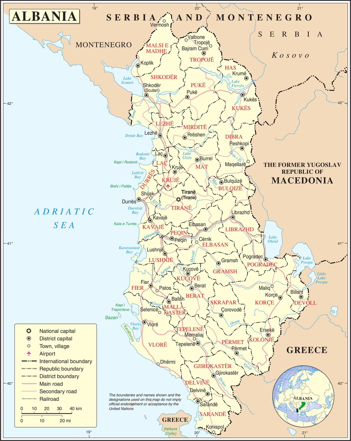 નકશો અલ્બેનિયા સાથે શહેરો